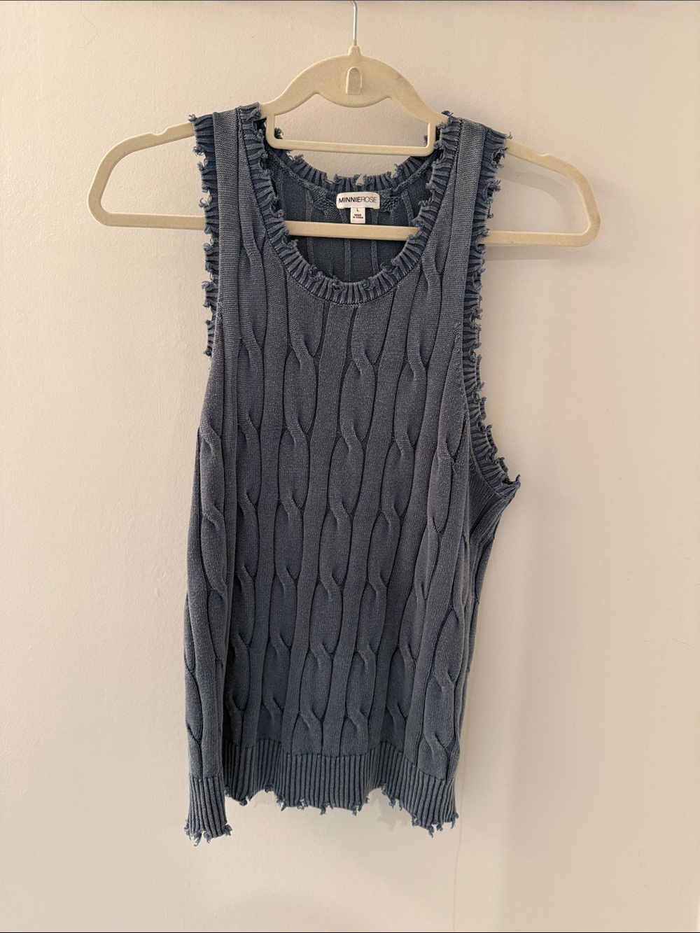 Minnie Rose Slate Blue Cable-Knit Frayed-Edge Tank